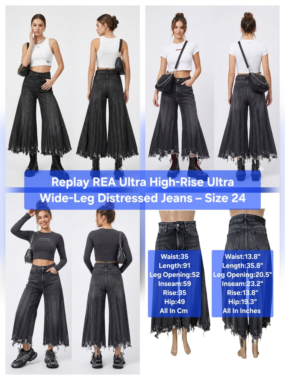 Replay REA Ultra High-Rise Ultra Wide-Leg Distressed Jeans Size 24